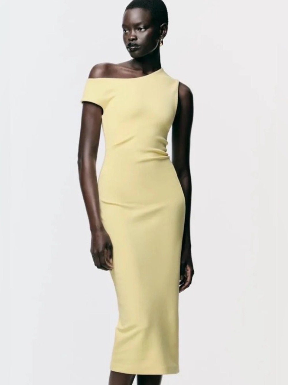 NWT ZARA Pale Yellow Asymmetric Ruched Midi Dress - Size Small